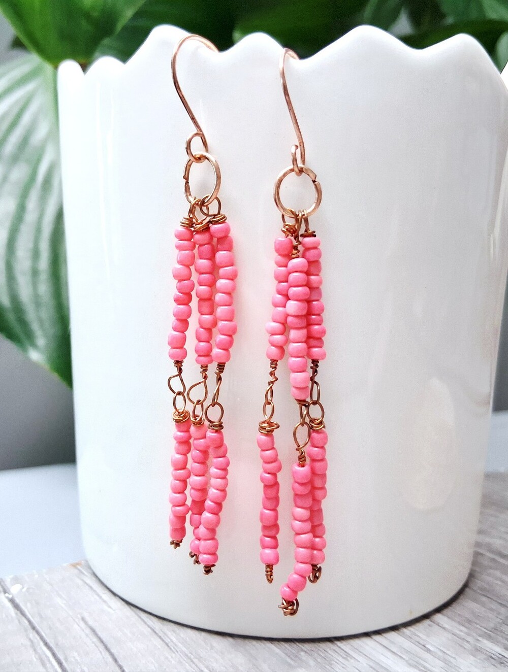 BOGO EARRINGS Neon Pink Beaded Dangle Earrings, Copper Boho Chic 3.5"